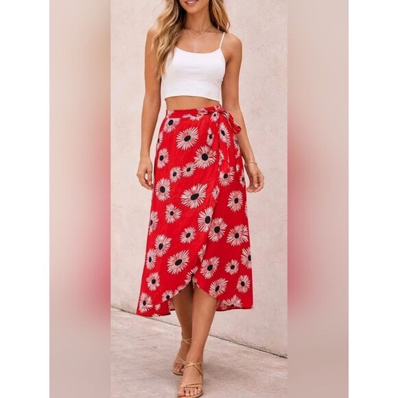 Anthropologie Dresses & Skirts - Anthropologie Conversations Limited Red Floral Wrap Skirt Size XS Boho Flowy